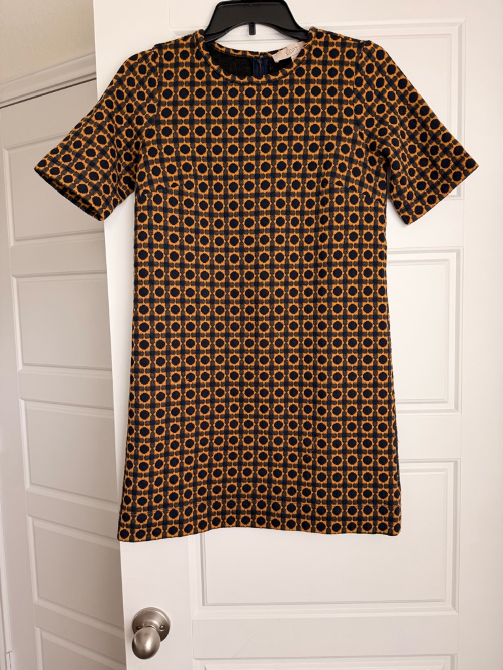 060 - LOFT Mustard and Black Geometric Mini Dress Sz XS